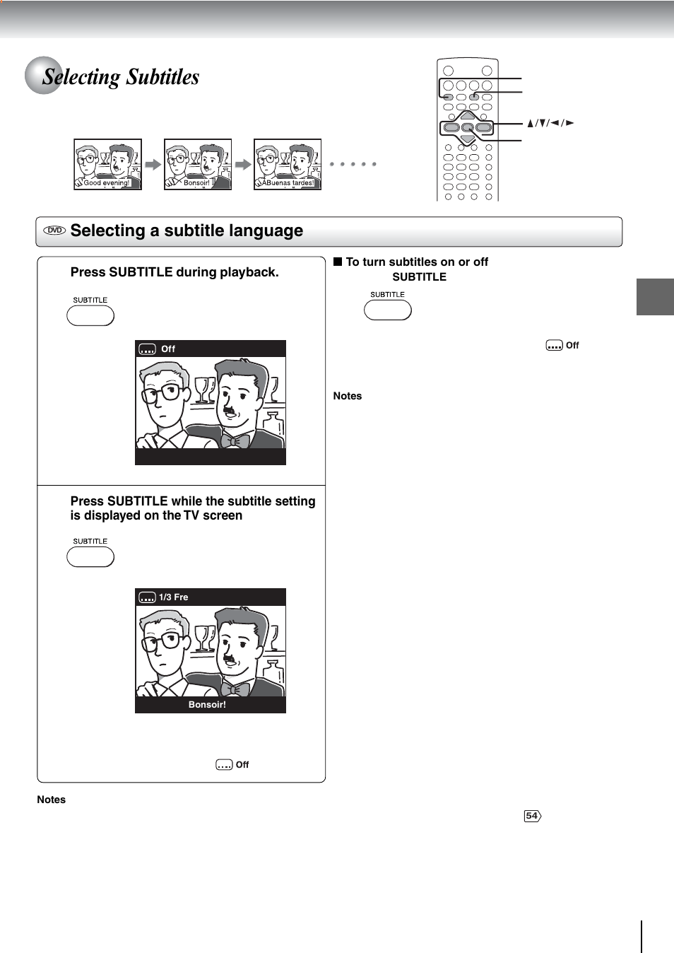 Selecting subtitles, Selecting a subtitle language | Toshiba SD-240ESE User Manual | Page 39 / 61