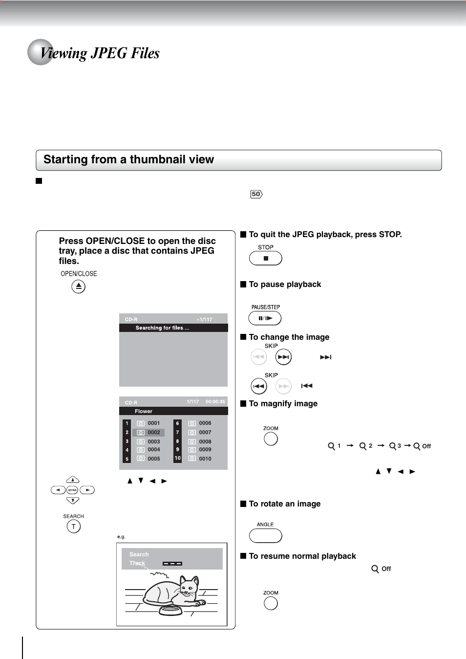 Viewing jpeg files, Starting from a thumbnail view | Toshiba SD-240ESE User Manual | Page 46 / 61