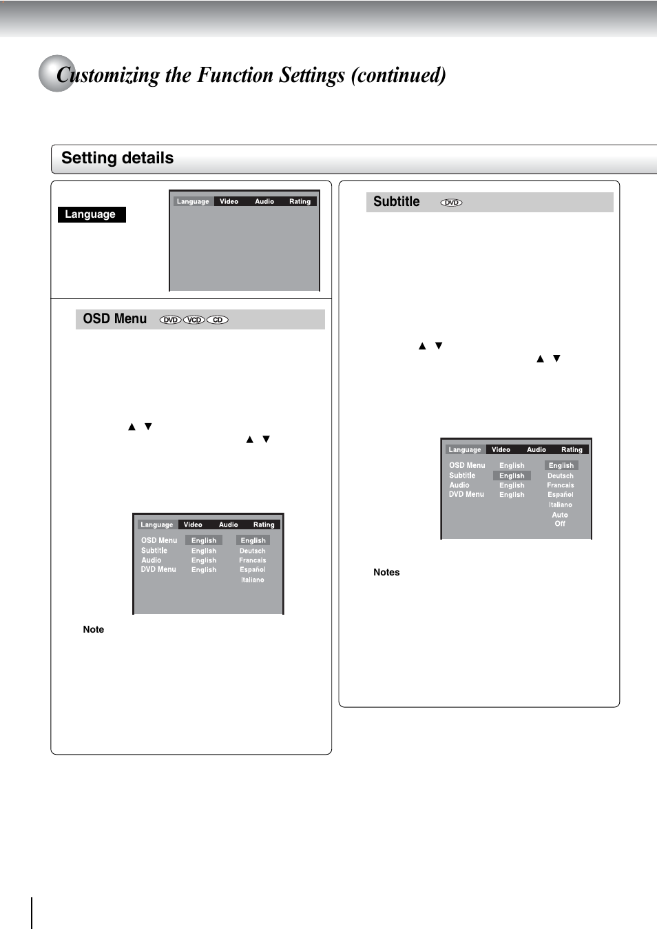 Customizing the function settings (continued), Setting details, Osd menu | Subtitle | Toshiba SD-240ESE User Manual | Page 52 / 61