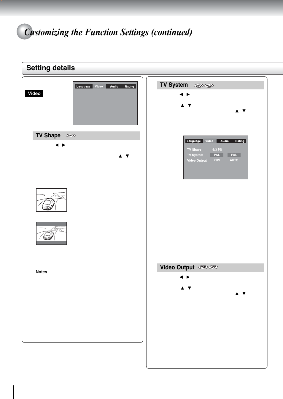 Customizing the function settings (continued), Setting details, Tv shape | Tv system, Video output | Toshiba SD-240ESE User Manual | Page 54 / 61