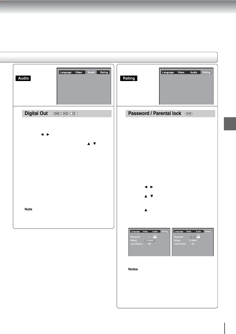 Digital out, Password / parental lock | Toshiba SD-240ESE User Manual | Page 55 / 61