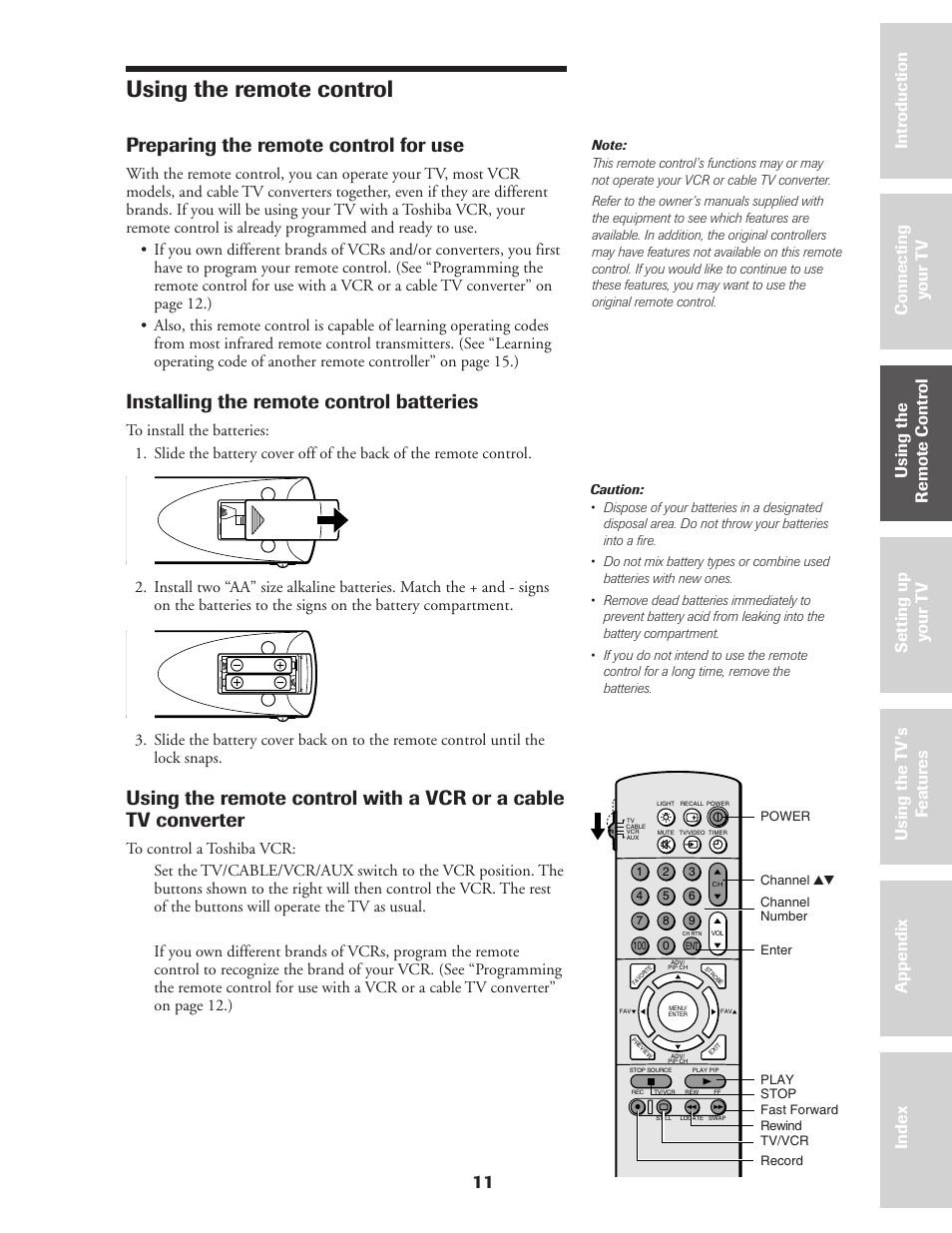 Using the remote control, Preparing for use, Using with a vcr or a cable tv converter | Preparing the remote control for use, Installing the remote control batteries, 11 ref er ence | Toshiba CN36Z71 User Manual | Page 11 / 47