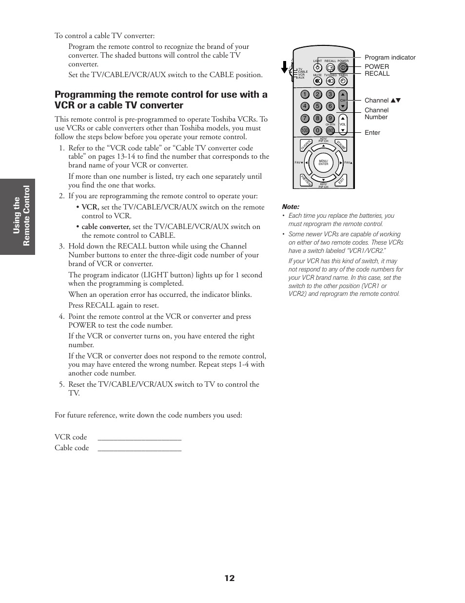 Programming with a vcr or cable tv converter | Toshiba CN36Z71 User Manual | Page 12 / 47