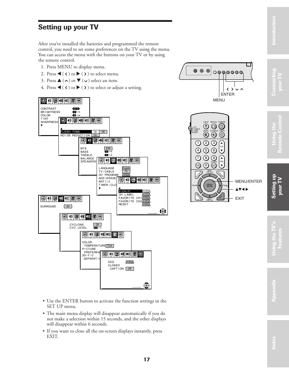 Setting up your tv, 17 ref er ence, Yzx • menu/enter exit | Menu enter | Toshiba CN36Z71 User Manual | Page 17 / 47