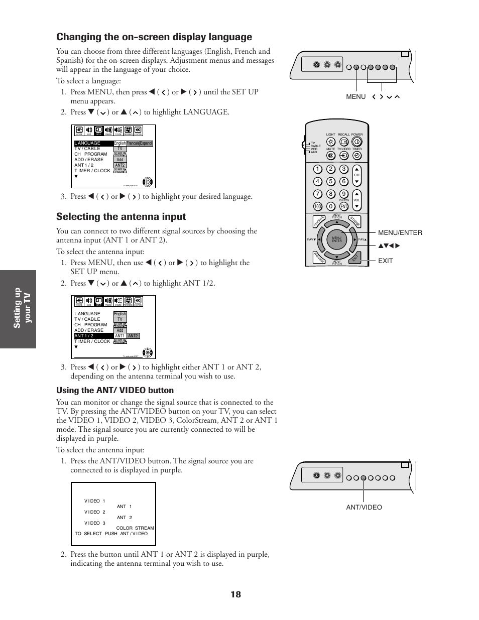 Changing on-screen display language, Selecting antenna input, Changing the on-screen display language | Selecting the antenna input, 18 ref er ence, Using the ant/ video button | Toshiba CN36Z71 User Manual | Page 18 / 47