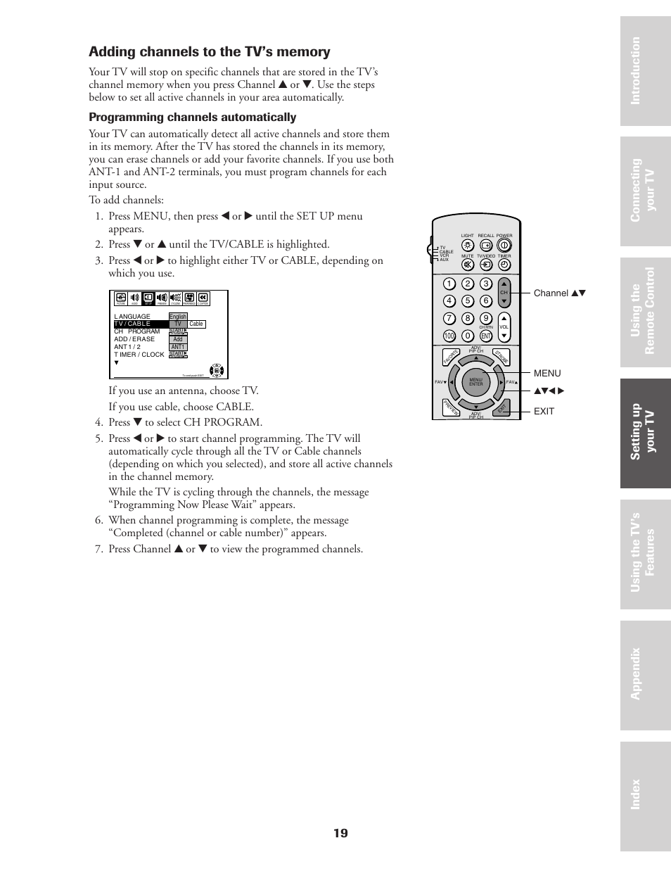 Adding channels to tv's memory, 19 ref er ence, Programming channels automatically | Toshiba CN36Z71 User Manual | Page 19 / 47