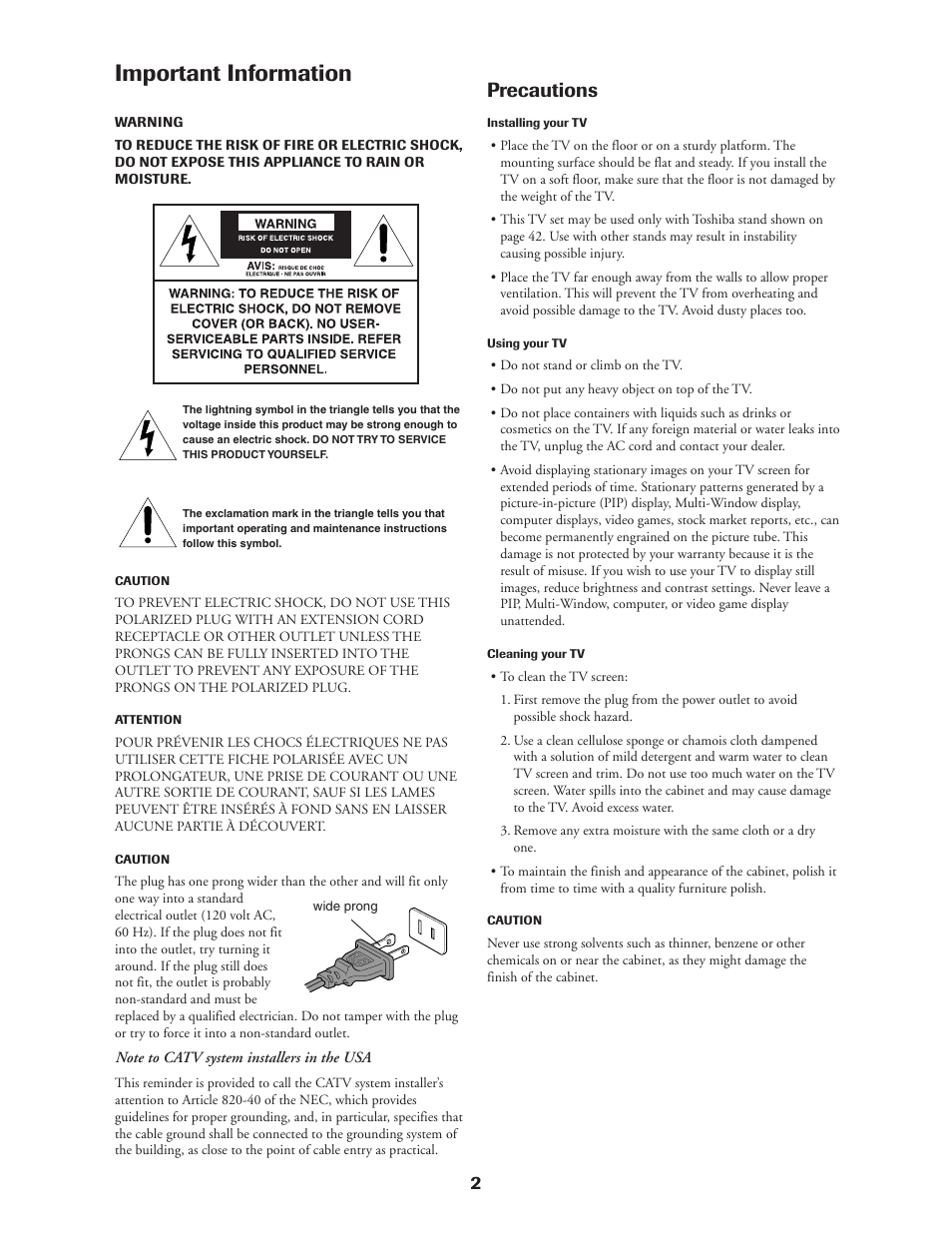 Important information & precautions, Important information, Precautions | Toshiba CN36Z71 User Manual | Page 2 / 47