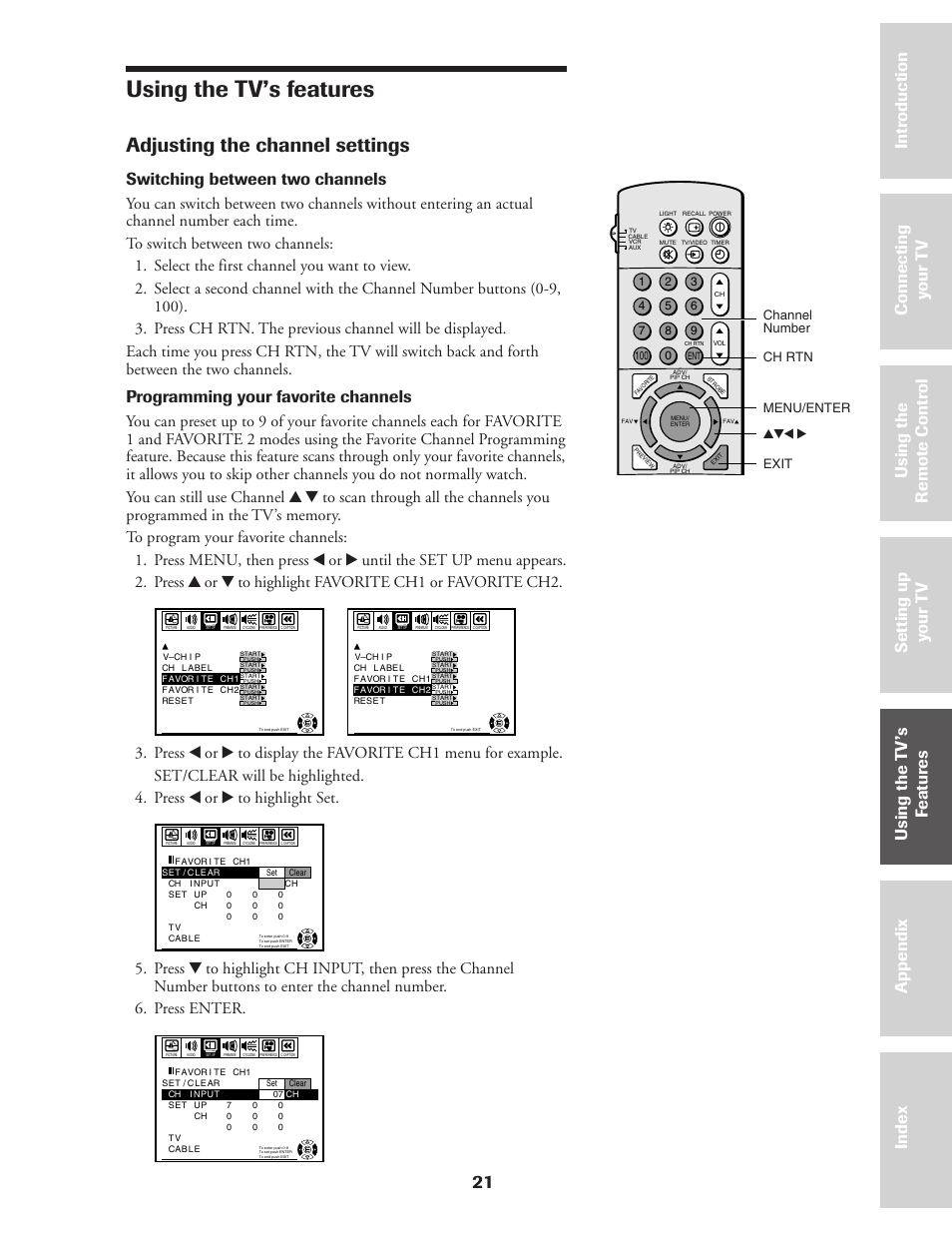 Using tv's features, Adjusting channel settings, Using the tv’s features | Adjusting the channel settings, 21 ref er ence, Switching between two channels, Programming your favorite channels | Toshiba CN36Z71 User Manual | Page 21 / 47