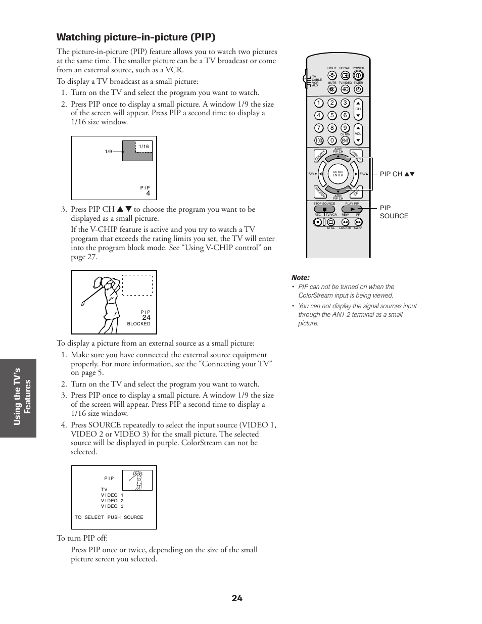 Watching picture-in-picture (pip), 24 ref er ence | Toshiba CN36Z71 User Manual | Page 24 / 47