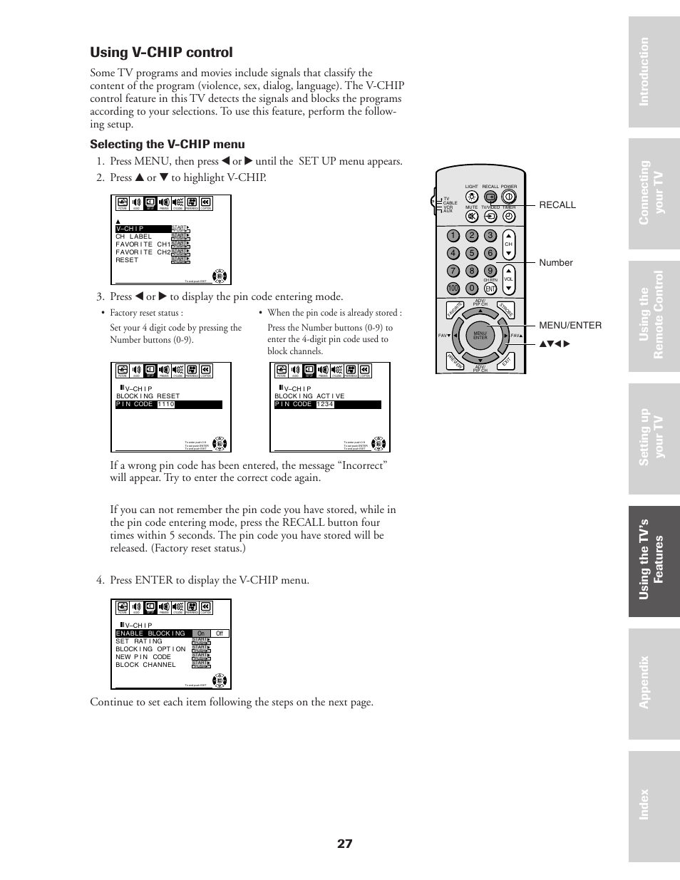 V-chip control, Using v-chip control, 27 ref er ence | Selecting the v-chip menu, Press x or • to display the pin code entering mode, Recall number menu/enter yzx | Toshiba CN36Z71 User Manual | Page 27 / 47