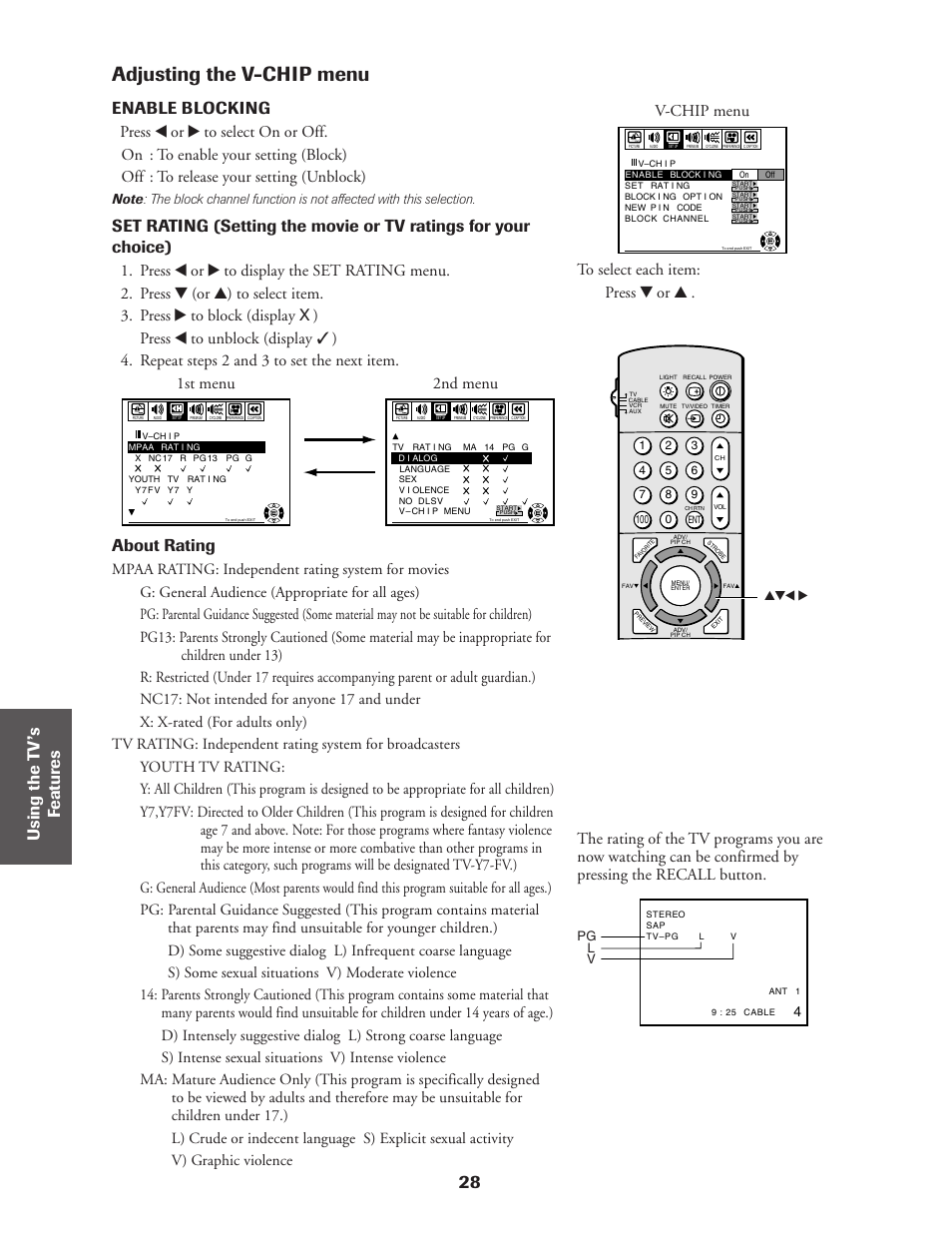 Adjusting v-chip, Adjusting the v-chip menu, 28 ref er ence | Enable blocking, About rating, V-chip menu | Toshiba CN36Z71 User Manual | Page 28 / 47