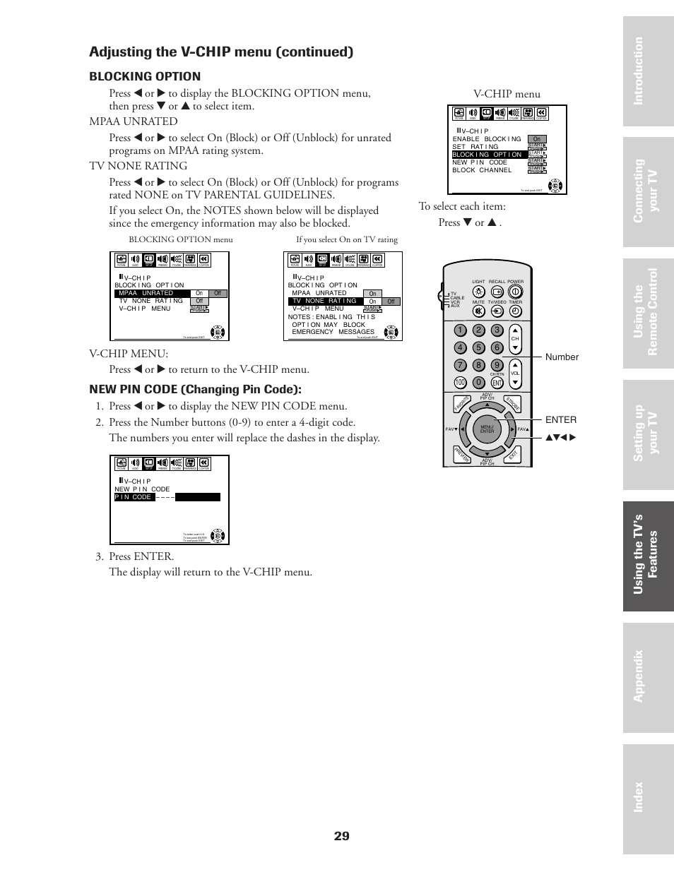 Adjusting the v-chip menu (continued), 29 ref er ence, Blocking option | New pin code (changing pin code) | Toshiba CN36Z71 User Manual | Page 29 / 47