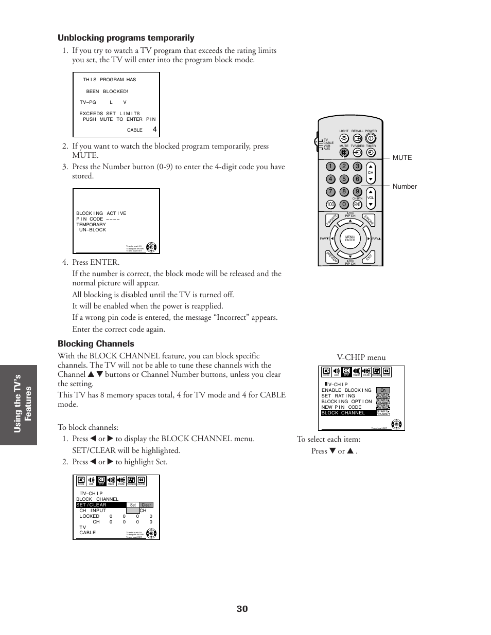 30 ref er ence, Unblocking programs temporarily, Blocking channels | V-chip menu | Toshiba CN36Z71 User Manual | Page 30 / 47