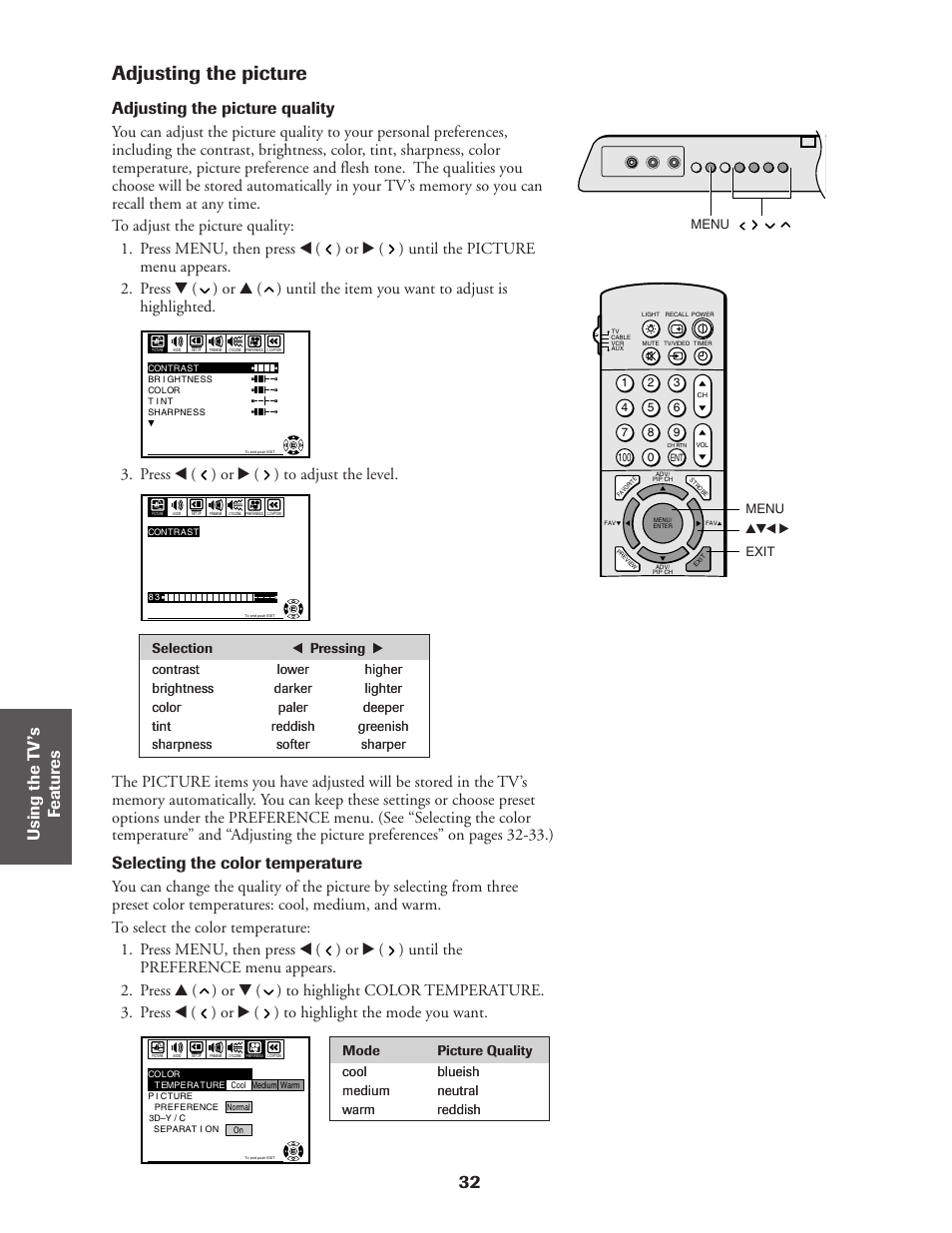 Adjusting the picture, 32 ref er ence, Adjusting the picture quality | Selecting the color temperature, Press x ( ) or • ( ) to adjust the level | Toshiba CN36Z71 User Manual | Page 32 / 47