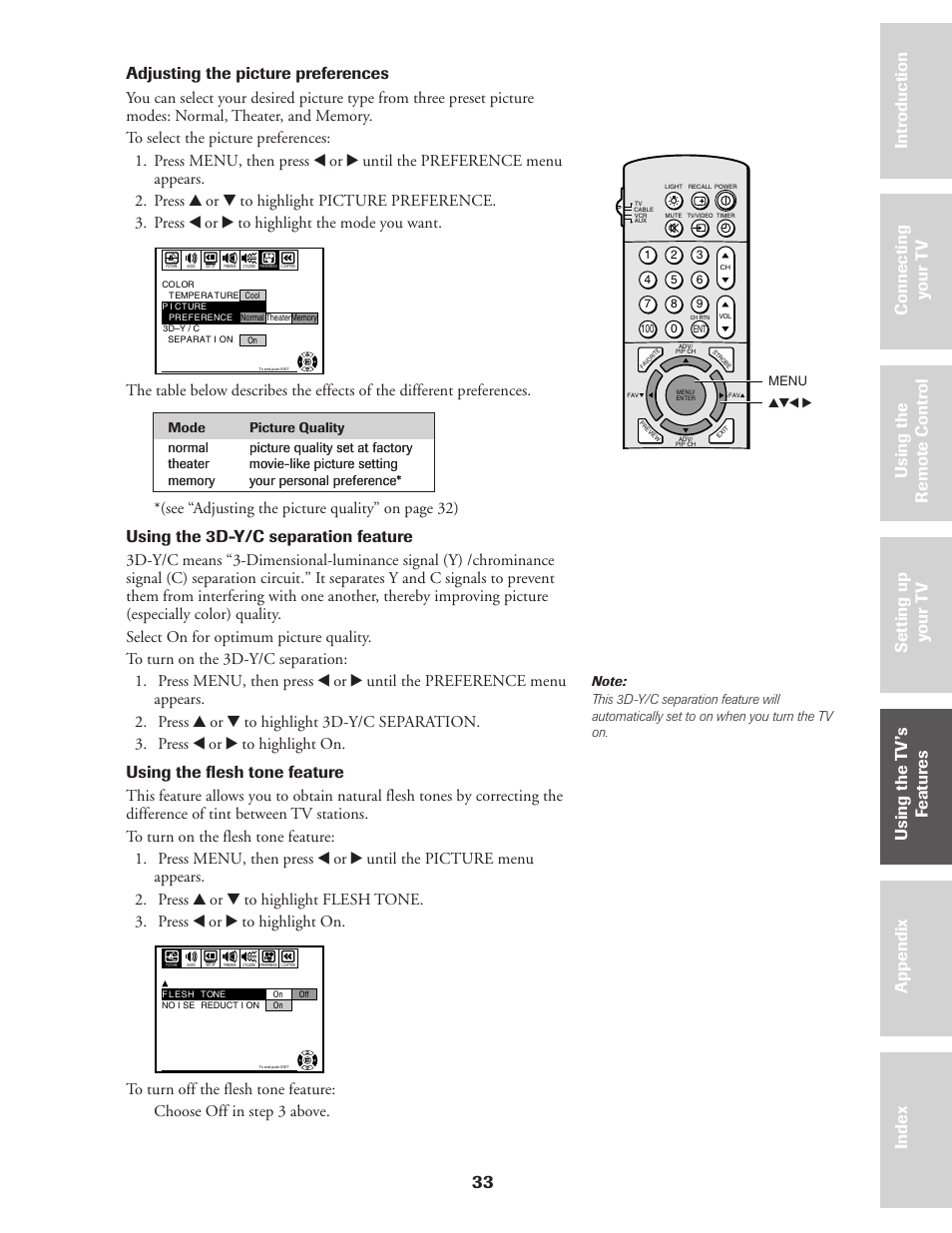 33 ref er ence, Adjusting the picture preferences, Using the 3d-y/c separation feature | Using the flesh tone feature | Toshiba CN36Z71 User Manual | Page 33 / 47