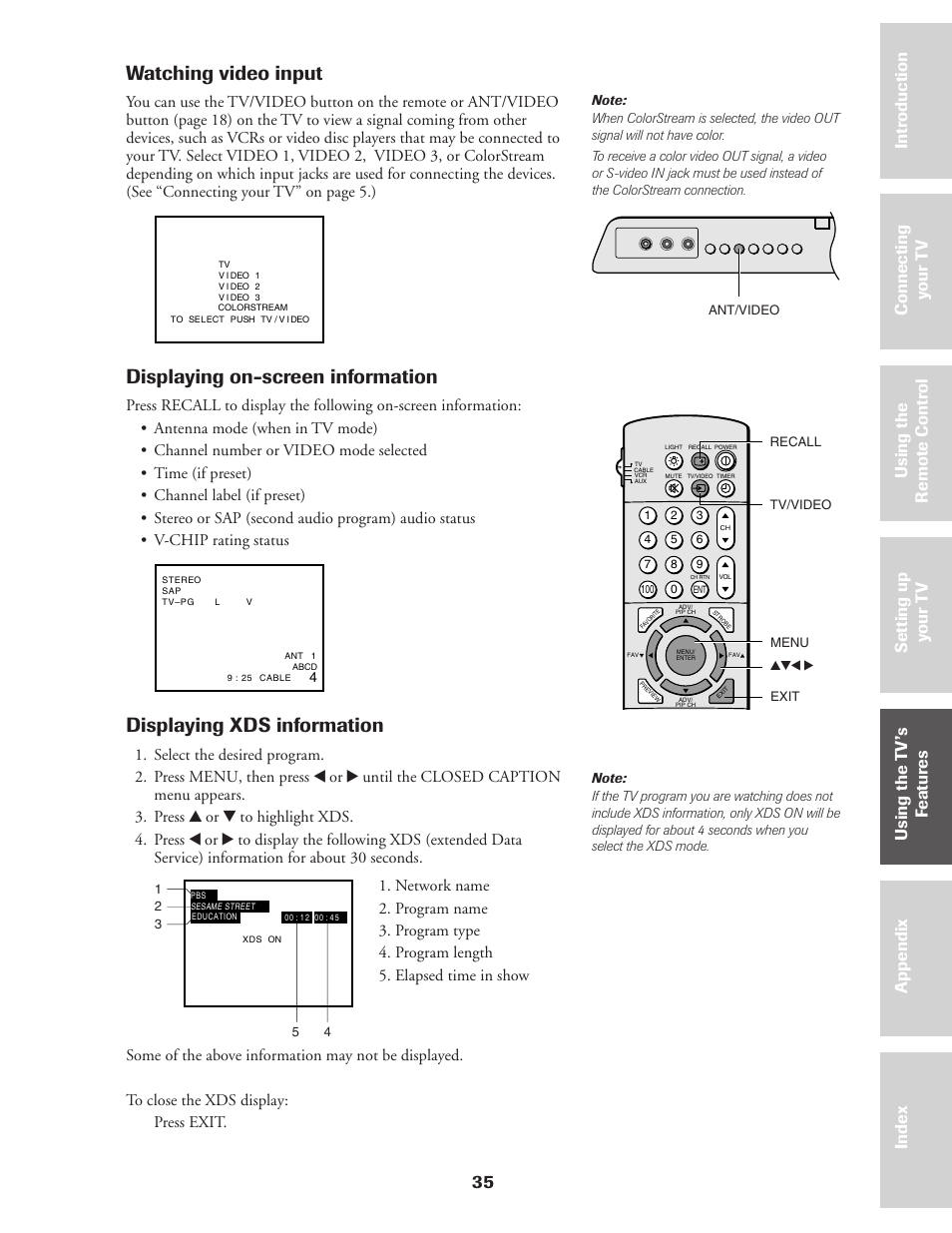 Watching video input & xds information, Watching video input, Displaying on-screen information | Displaying xds information, 35 ref er ence | Toshiba CN36Z71 User Manual | Page 35 / 47