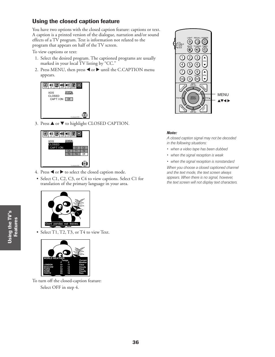 Closed caption, Using the closed caption feature, 36 ref er ence | Press y or z to highlight closed caption, Select t1, t2, t3, or t4 to view text | Toshiba CN36Z71 User Manual | Page 36 / 47