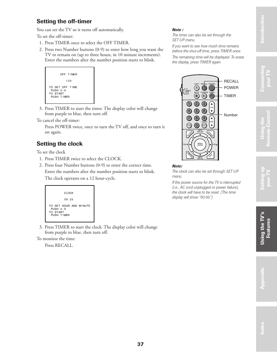 Setting the off-timer & the clock, Setting the off-timer, Setting the clock | 37 ref er ence | Toshiba CN36Z71 User Manual | Page 37 / 47