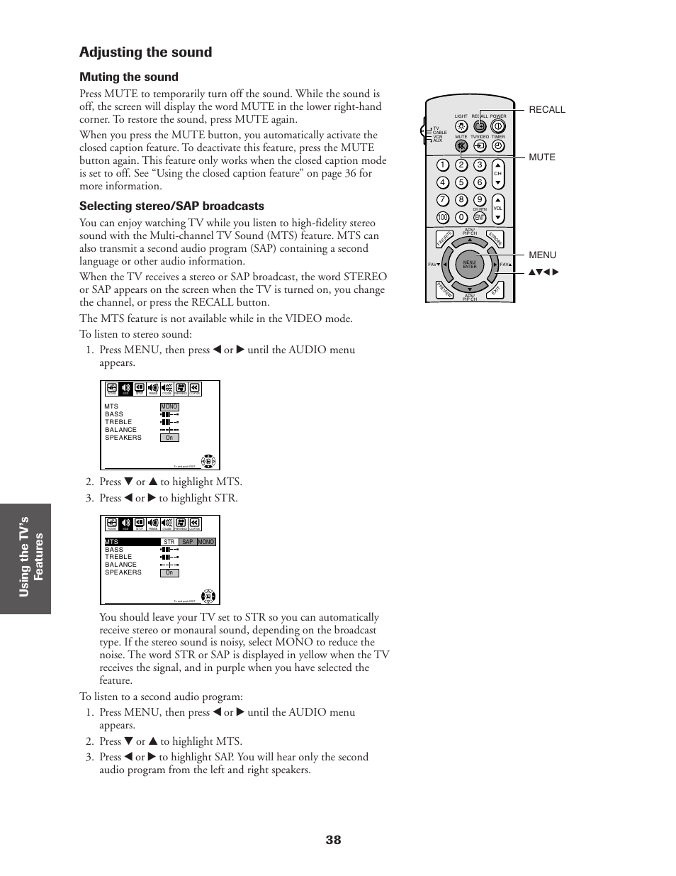 Adjusting the sound, 38 ref er ence, Muting the sound | Selecting stereo/sap broadcasts | Toshiba CN36Z71 User Manual | Page 38 / 47