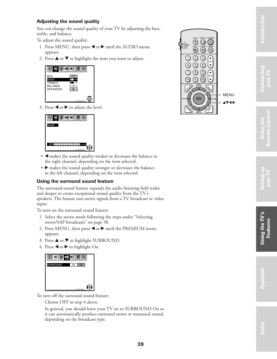 39 ref er ence, Using the surround sound feature, Press x or • to adjust the level | Toshiba CN36Z71 User Manual | Page 39 / 47