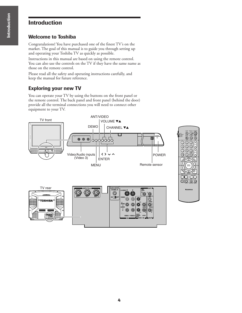 Introduction, Welcome to toshiba, Exploring your new tv | 4ref er ence, Tv rear enter | Toshiba CN36Z71 User Manual | Page 4 / 47