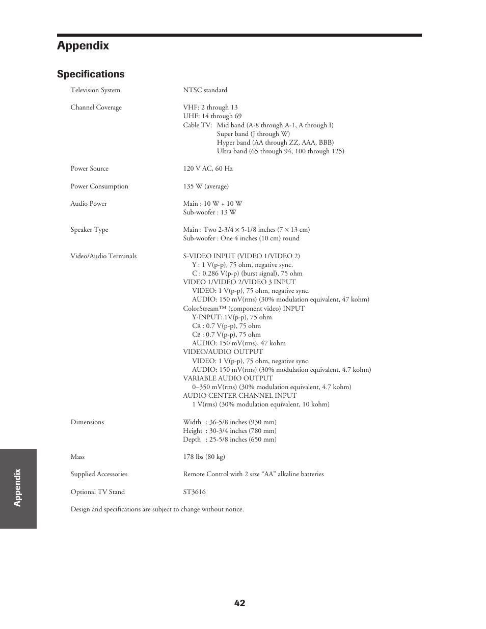 Appendix, Specifications | Toshiba CN36Z71 User Manual | Page 42 / 47