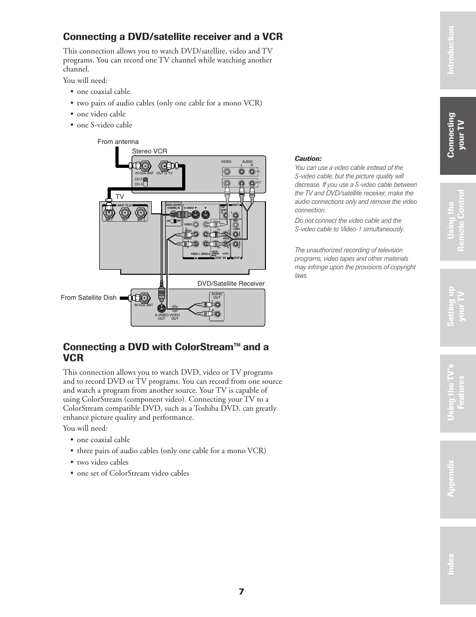 Dvd/satellite receiver & a vcr, Dvd with colorstream & a vcr, Connecting a dvd/satellite receiver and a vcr | Connecting a dvd with colorstream™ and a vcr, 7ref er ence | Toshiba CN36Z71 User Manual | Page 7 / 47