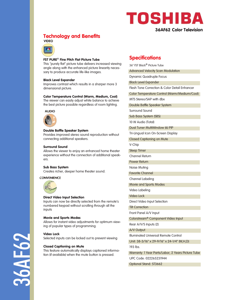 36af62, Technology and benefits, Specifications | Toshiba 36AF62 User Manual | Page 2 / 2