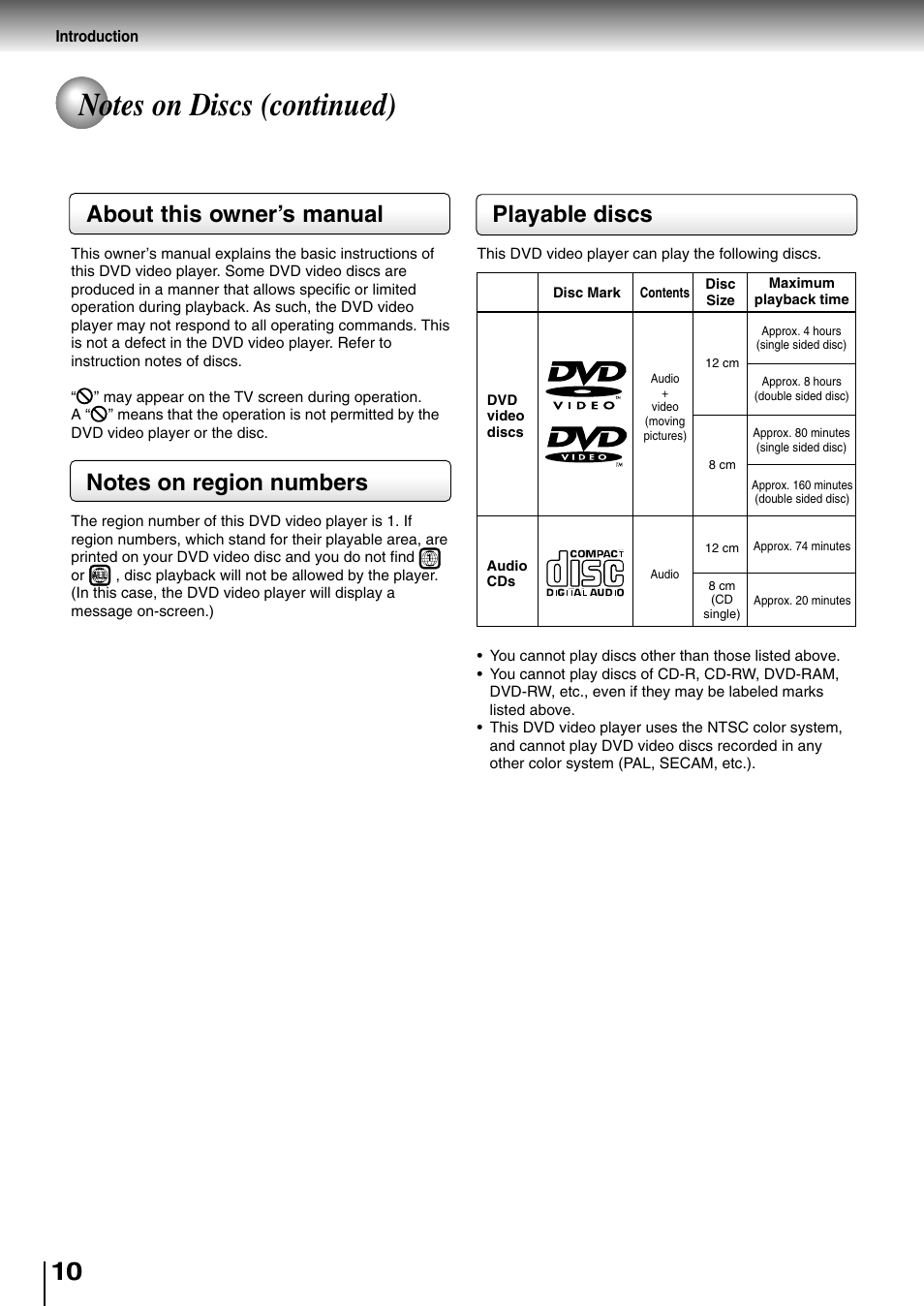 About this owner’s manual, Playable discs | Toshiba SD-400V User Manual | Page 10 / 51