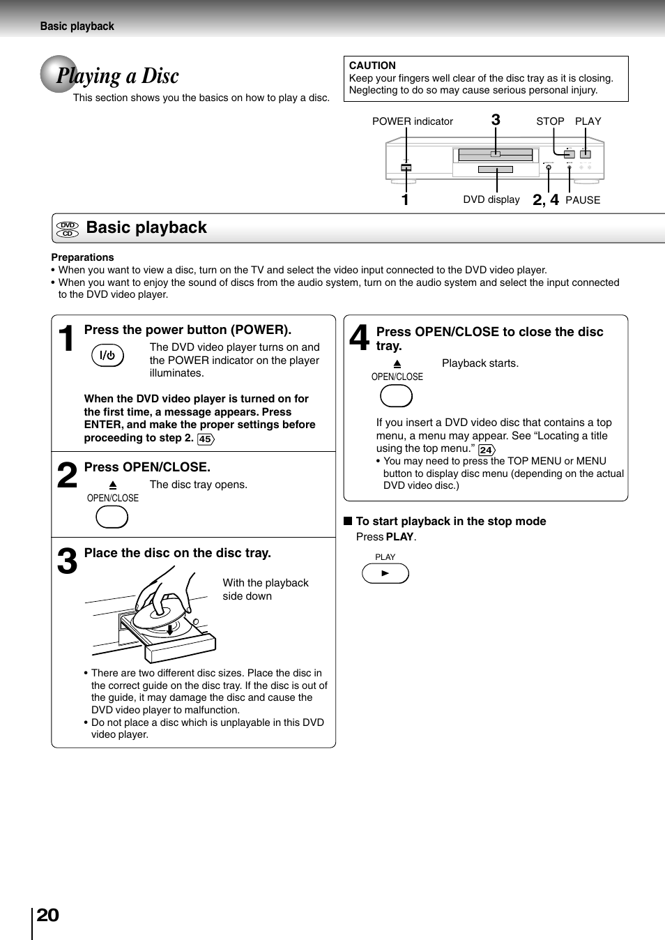 Basic playback, Playing a disc | Toshiba SD-400V User Manual | Page 20 / 51