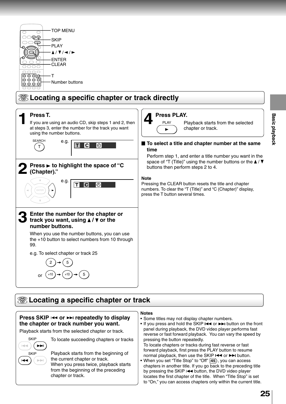 Locating a specific chapter or track directly, Locating a specific chapter or track | Toshiba SD-400V User Manual | Page 25 / 51