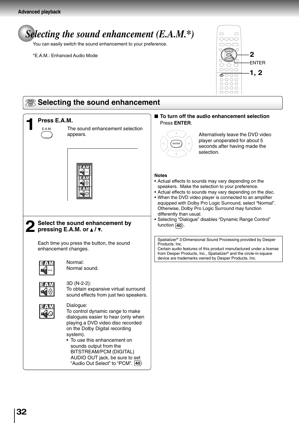 Advanced playback, Selecting the sound enhancement, Selecting the sound enhancement (e.a.m.*) | Toshiba SD-400V User Manual | Page 32 / 51