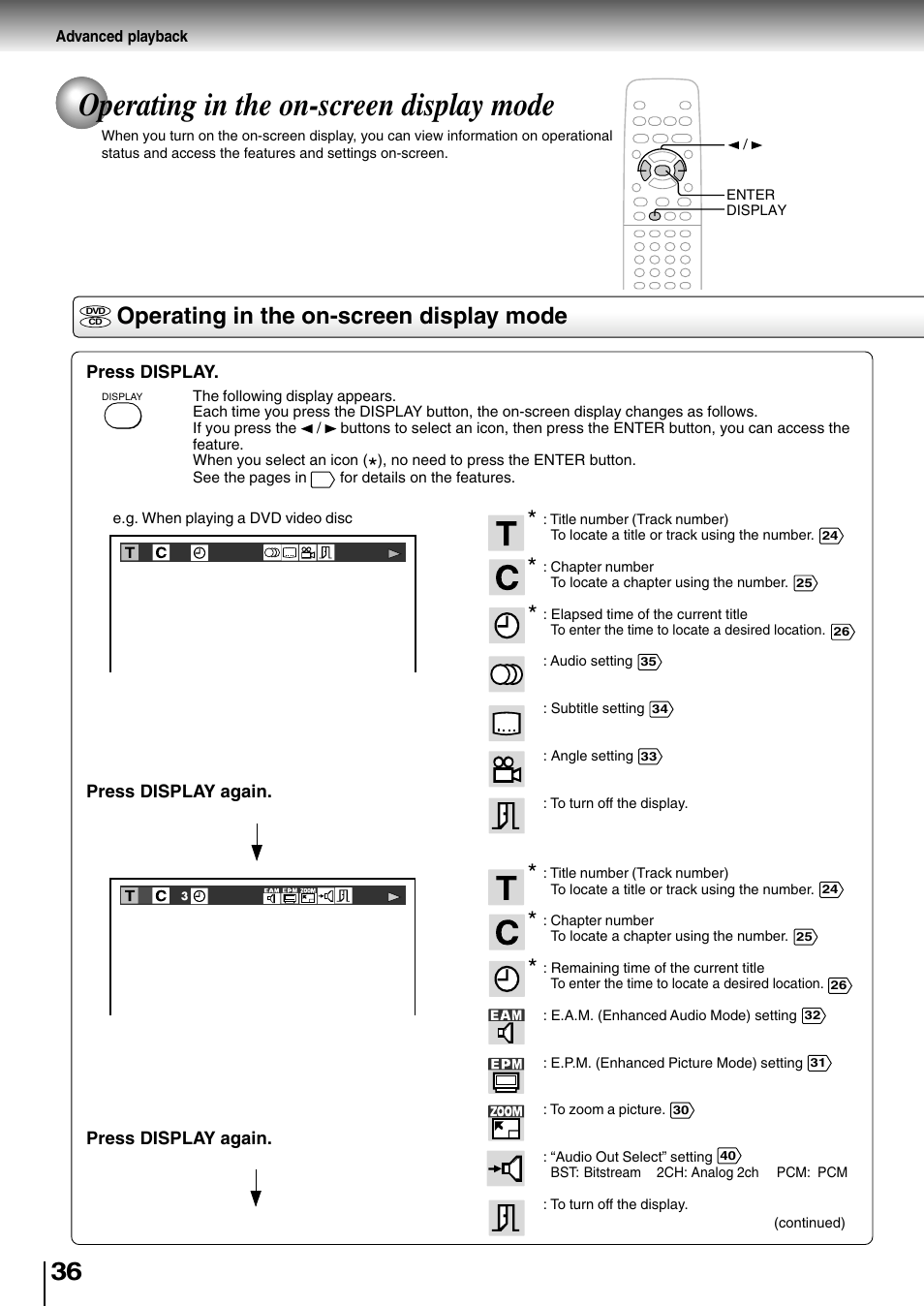 Operating in the on-screen display mode | Toshiba SD-400V User Manual | Page 36 / 51