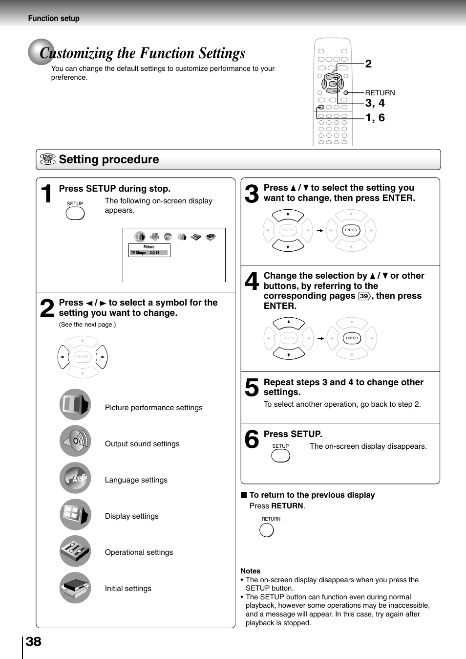 Funciton setup, Customizing, Customizing the function settings | Setting procedure | Toshiba SD-400V User Manual | Page 38 / 51