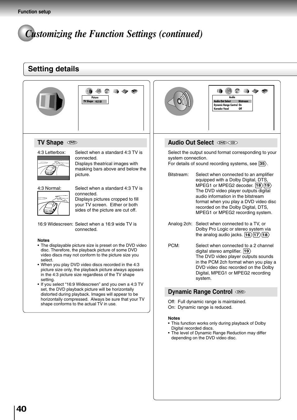 Customizing the function settings (continued), Setting details, Tv shape | Audio out select, Dynamic range control | Toshiba SD-400V User Manual | Page 40 / 51