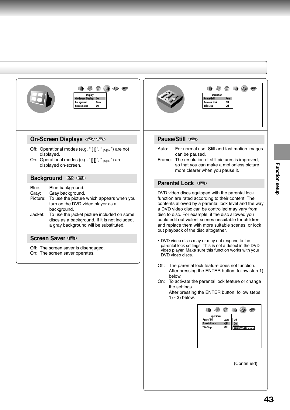 On-screen displays, Background, Screen saver | Pause/still, Parental lock, Function setup | Toshiba SD-400V User Manual | Page 43 / 51