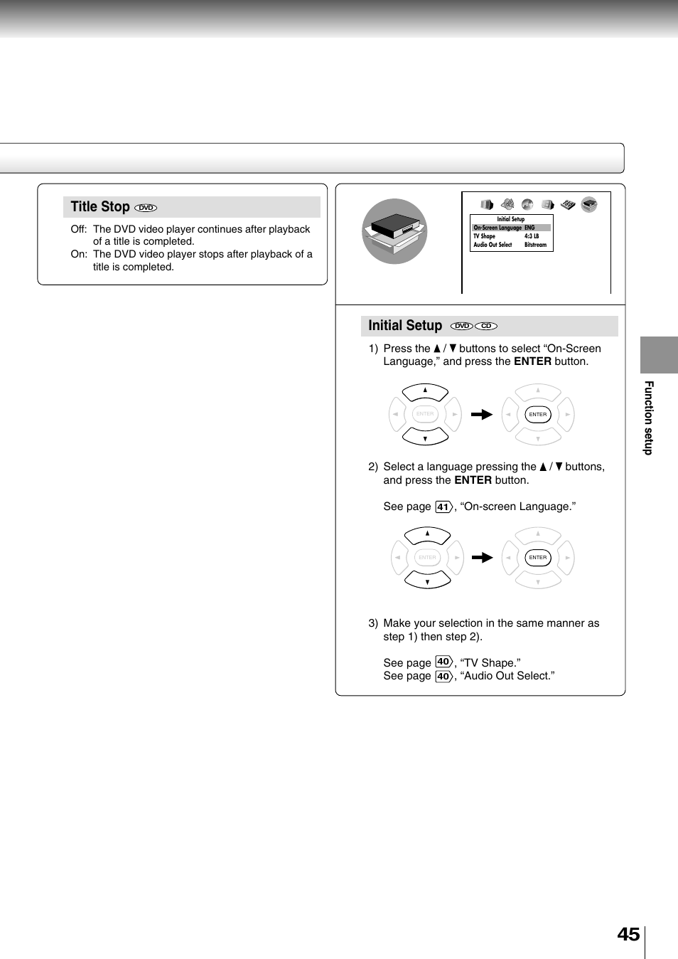 Title stop, Initial setup | Toshiba SD-400V User Manual | Page 45 / 51