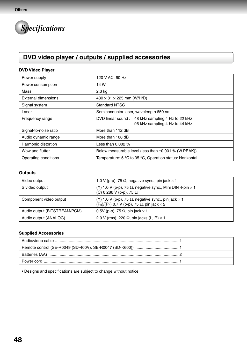 Specifications, Dvd video player / outputs / supplied accessories | Toshiba SD-400V User Manual | Page 48 / 51