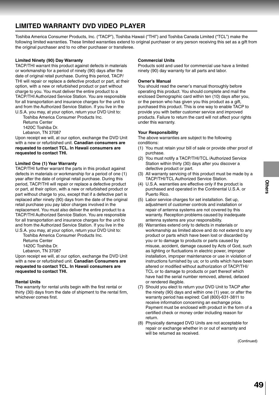 Limited warranty, Limited warranty dvd video player | Toshiba SD-400V User Manual | Page 49 / 51