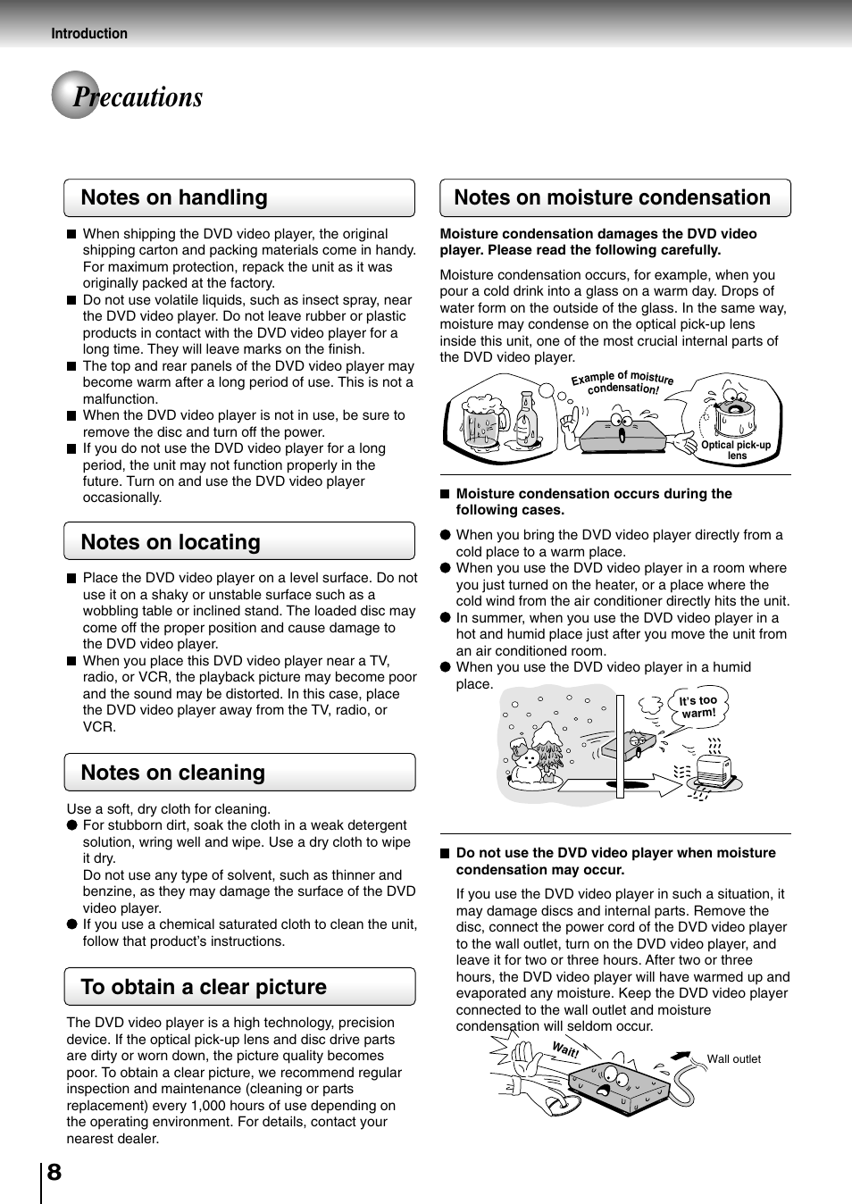 Precautions | Toshiba SD-400V User Manual | Page 8 / 51