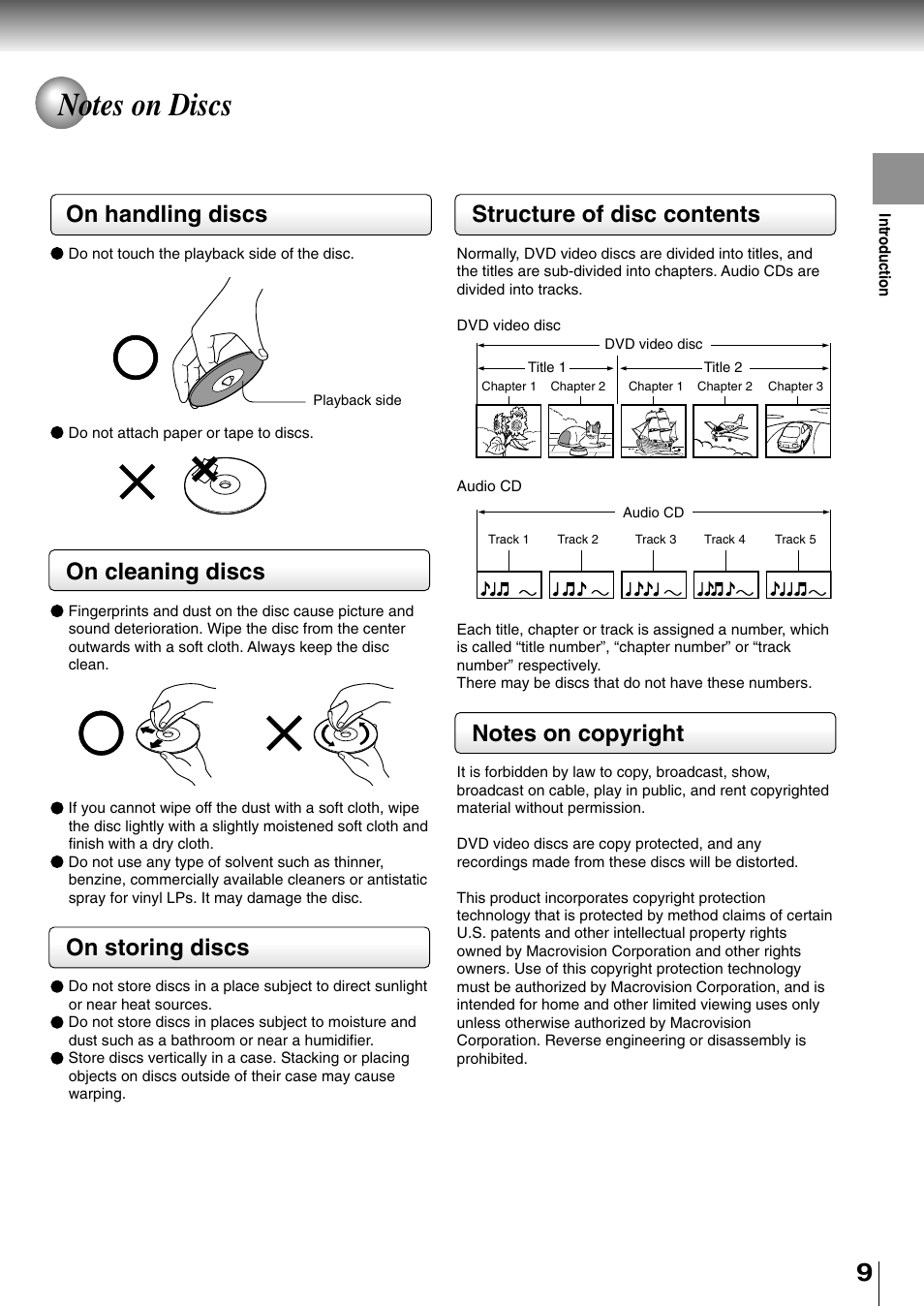 Notes on discs, On handling discs, On cleaning discs | On storing discs, Structure of disc contents | Toshiba SD-400V User Manual | Page 9 / 51