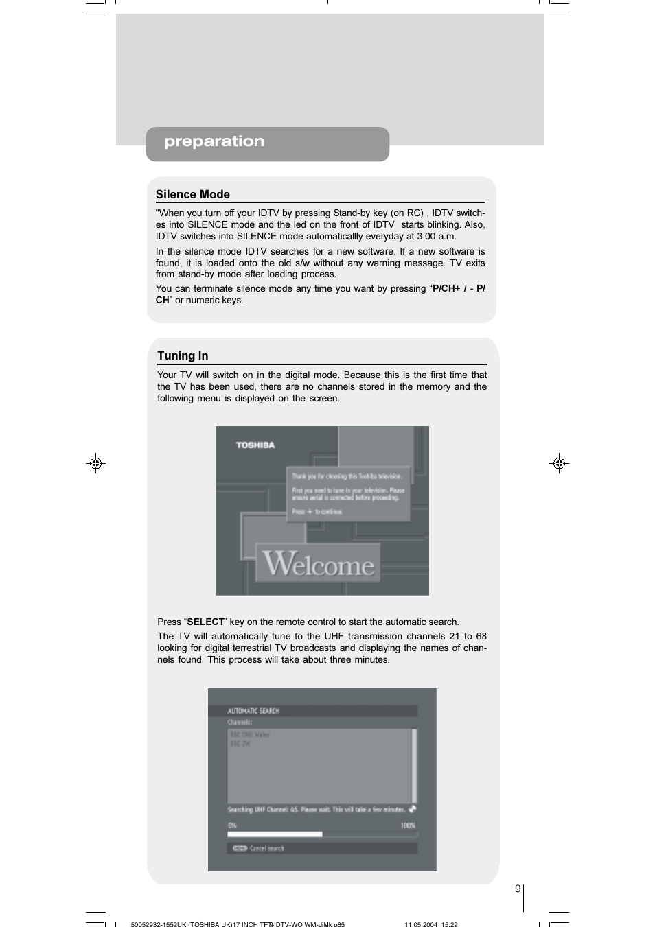 Preparation, Silence mode, Tuning in | Toshiba 17WLT46B User Manual | Page 10 / 65