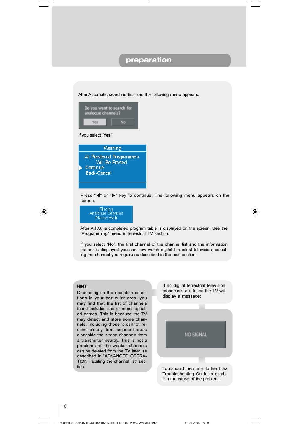 Preparation | Toshiba 17WLT46B User Manual | Page 11 / 65