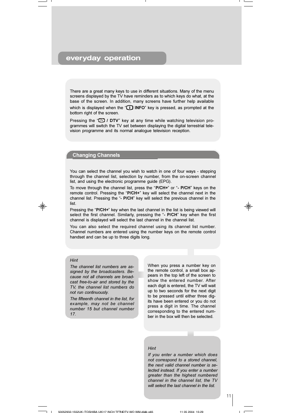 Everyday operation, Changing channels | Toshiba 17WLT46B User Manual | Page 12 / 65