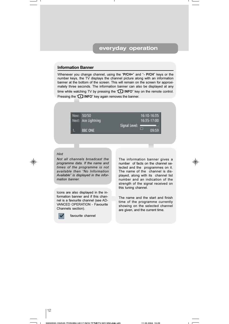 Everyday operation, Information banner | Toshiba 17WLT46B User Manual | Page 13 / 65
