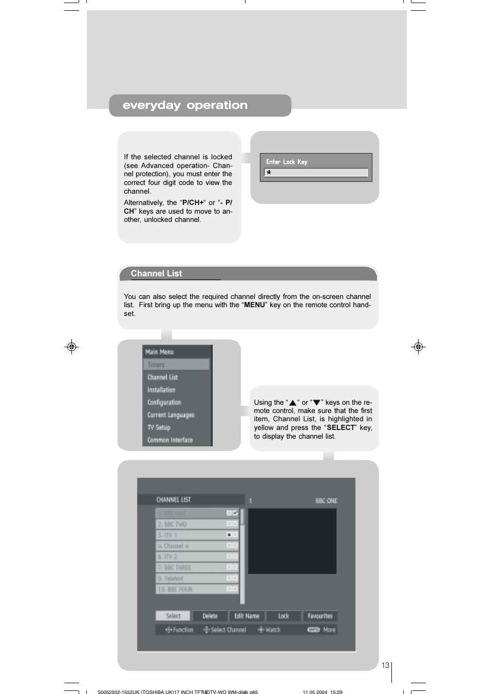 Everyday operation, Channel list | Toshiba 17WLT46B User Manual | Page 14 / 65