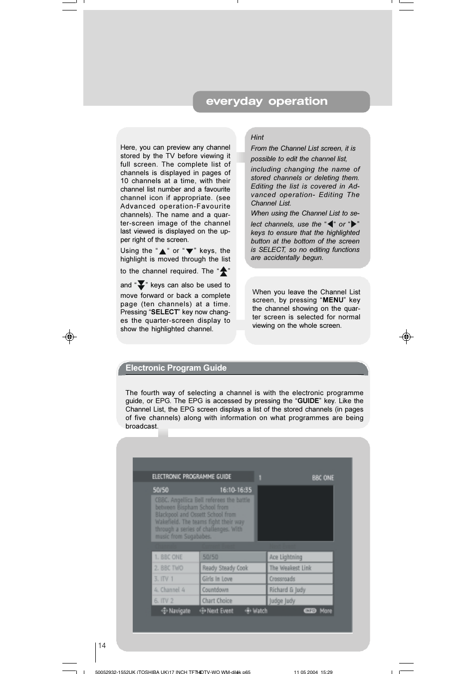 Everyday operation, Electronic program guide | Toshiba 17WLT46B User Manual | Page 15 / 65