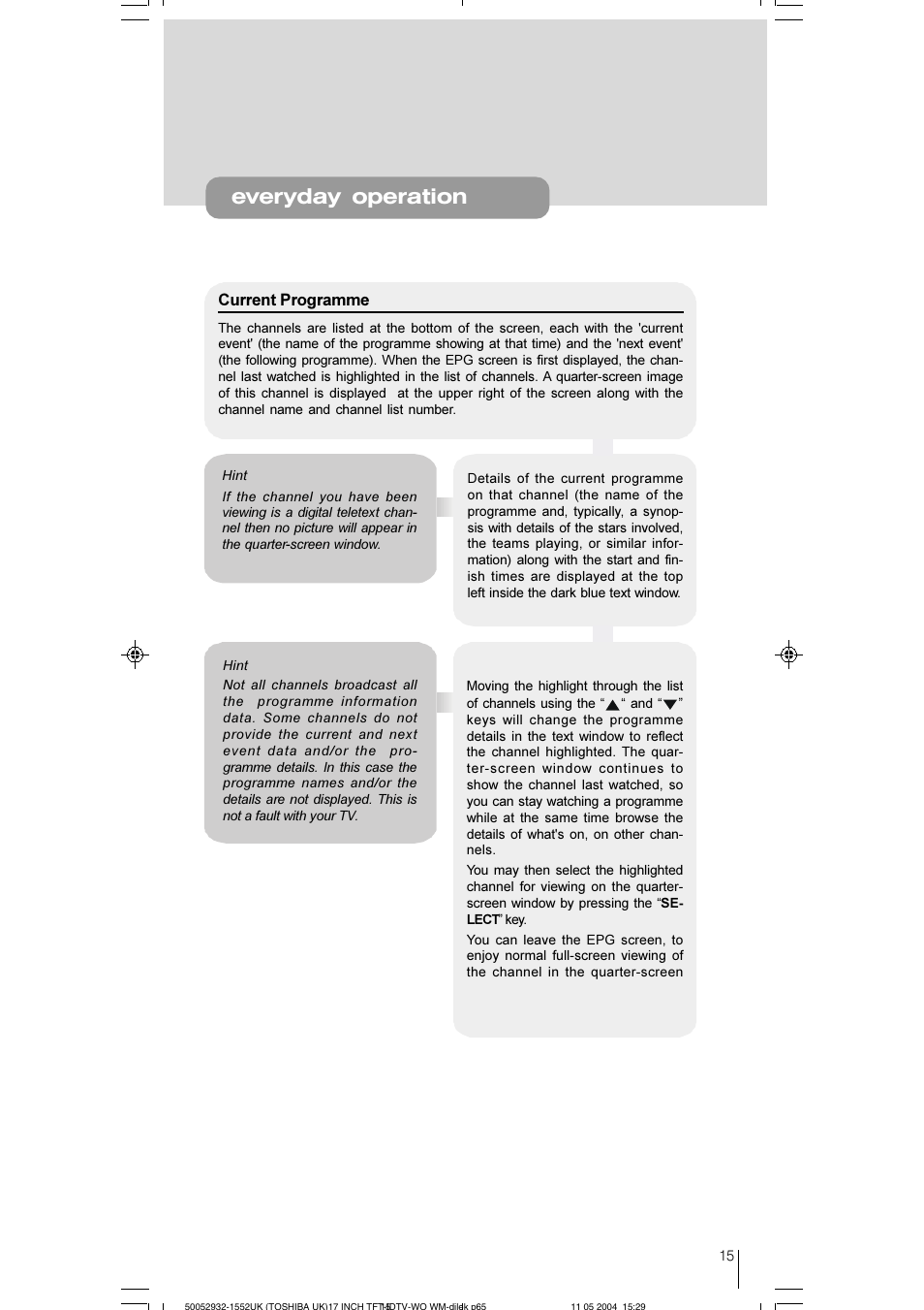 Everyday operation, Current programme | Toshiba 17WLT46B User Manual | Page 16 / 65