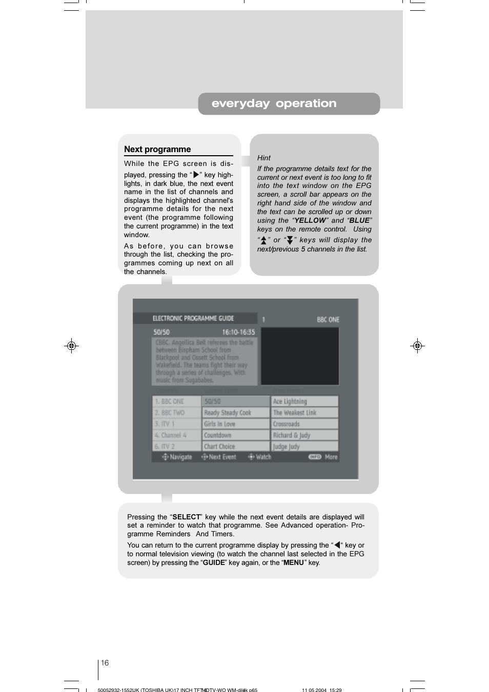 Everyday operation, Next programme | Toshiba 17WLT46B User Manual | Page 17 / 65