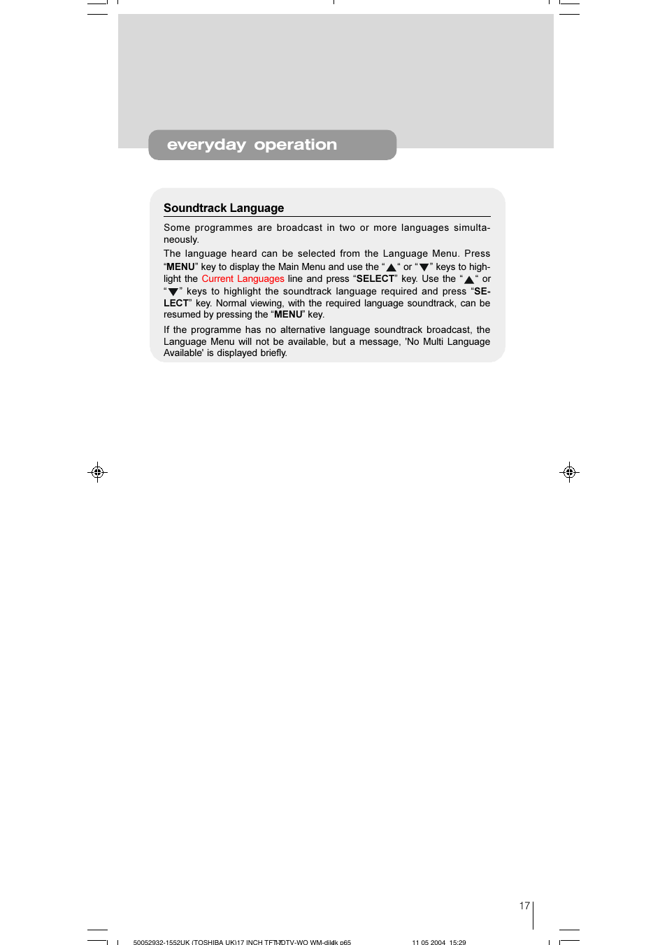 Everyday operation, Soundtrack language | Toshiba 17WLT46B User Manual | Page 18 / 65